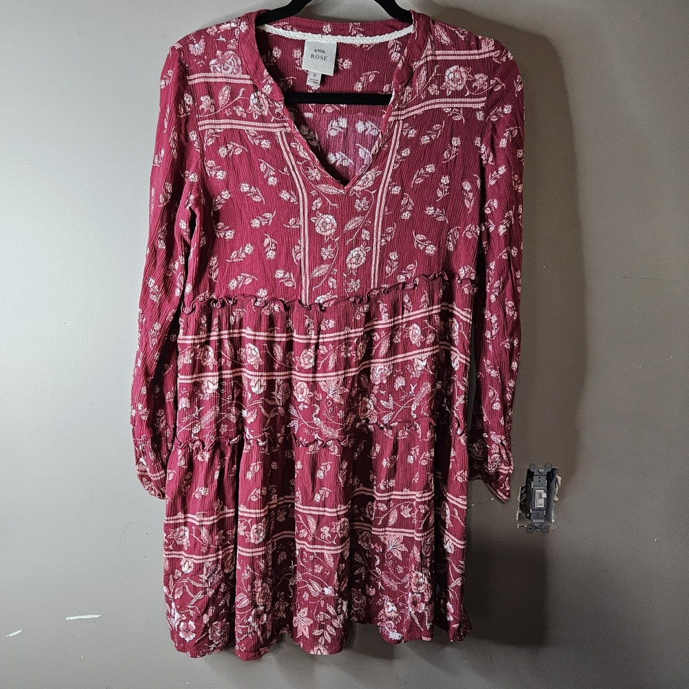 Knox Rose Floral Mini Dress Burgundy White Long Sleeve V-Neck Ruffle Pullover S